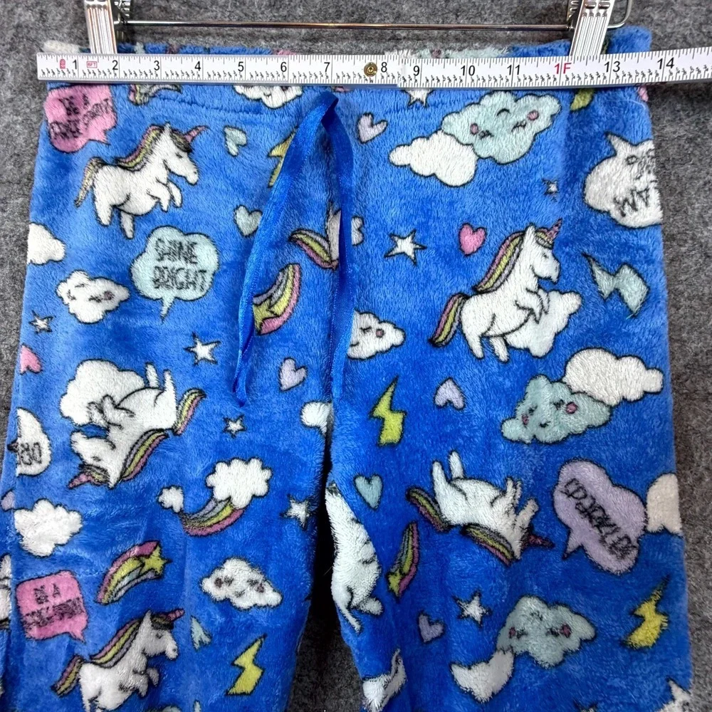 Saturdaze‎ Pajama Pants Womens Medium Blue Fleece Unicorn Rainbow Clouds Print